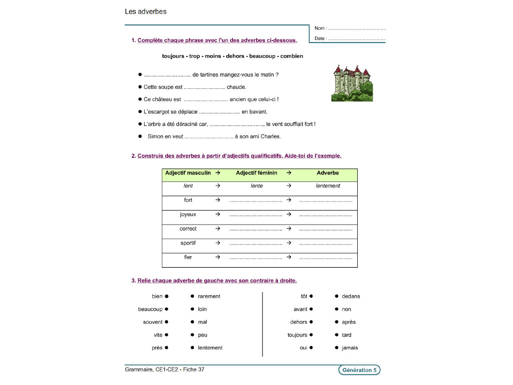 Fiche exercice adverbe CE1-CE2
