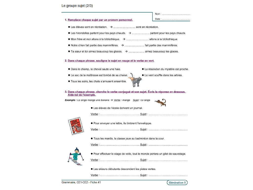 Fiche exercice grammaire CE1-CE2