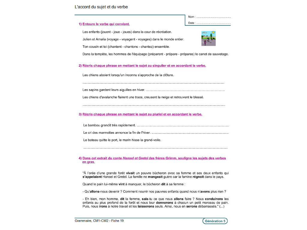 Fiche exercice grammaire CM1-CM2