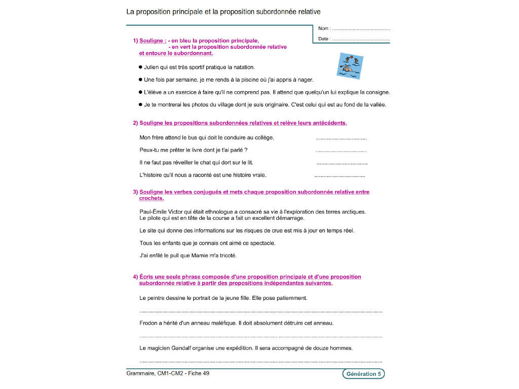 Fiche exercice grammaire CM1-CM2